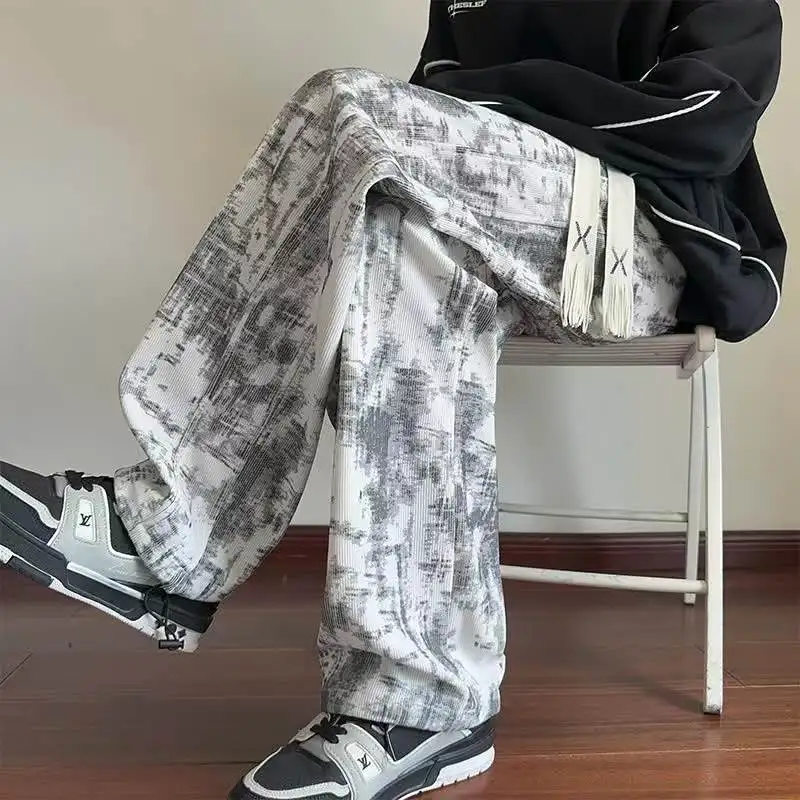 High Street Elastic Waist Tie Dye Loose Straight Pants Spring Autumn Plus Size Youth Casual Wide Leg Pants Fashion Men Clothing