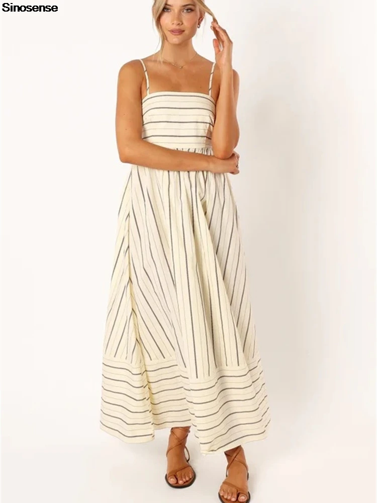 Abito lungo da donna con smock sul retro a righe Abito lungo sexy con cinturino per spaghetti ritagliato Abito lungo altalena fluido Y2K Abito da vacanza per appuntamenti di strada