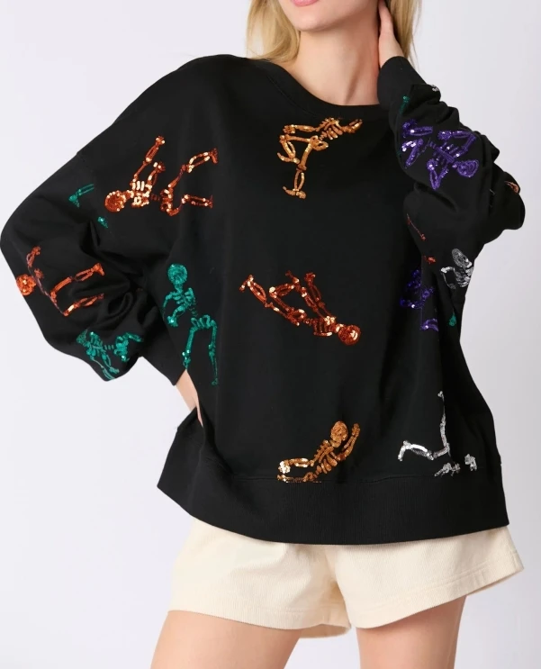 Women's Sweatshirt 2025 Autumn Winter Latest Halloween Skull Glitter Hoodie Round Neck Loose Casual Pullover Long Sleeved Top