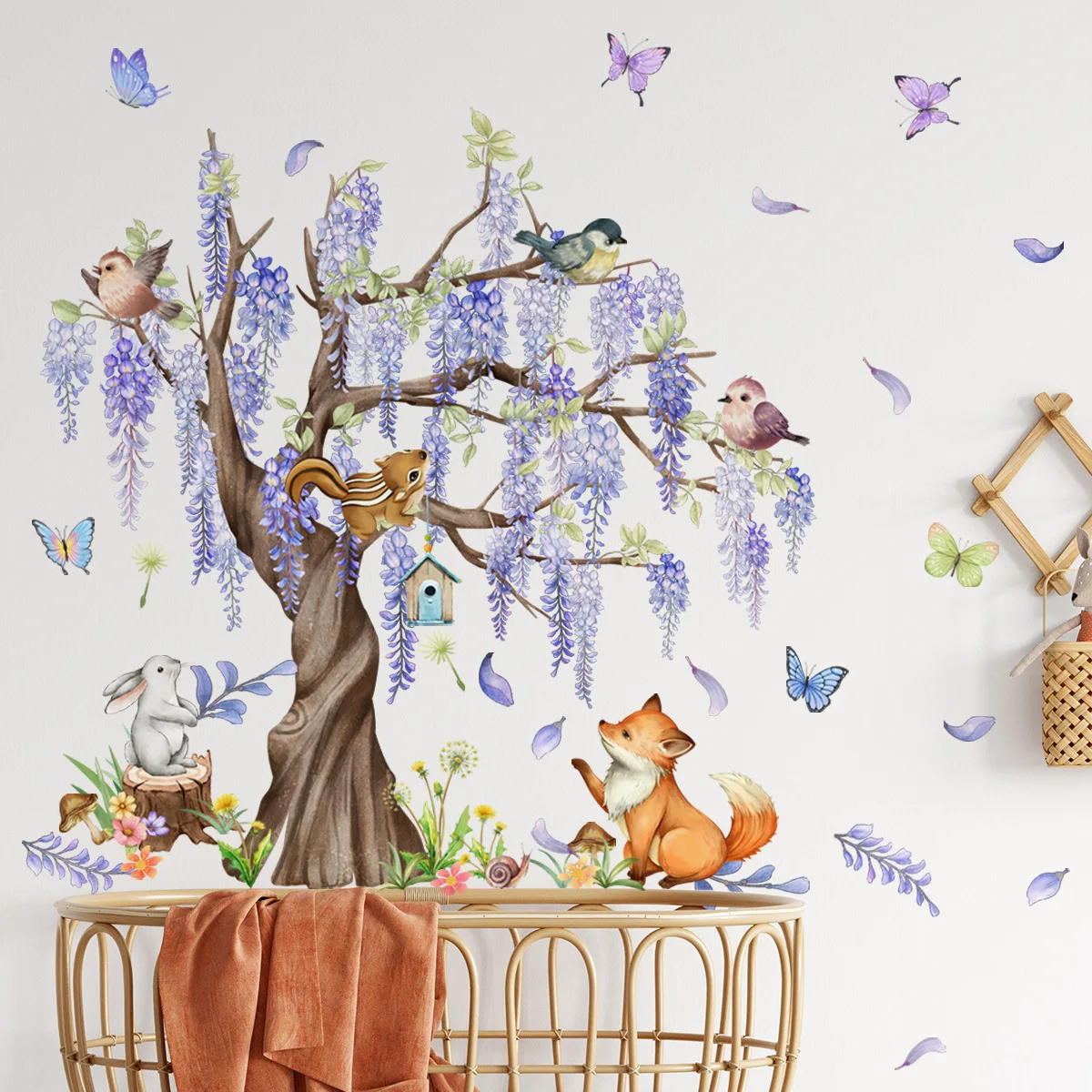 Under the Wisteria Tree Cartoon Animal Wall Stickers Rabbit Fox Butterfly Wall Sticker Children\'s Room Living Room Home Decals