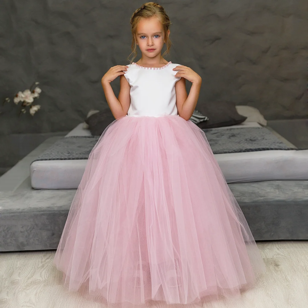 

Customized Flower Girl Dresses White Pink Tulle Pearls With Bow Sleeveless For Wedding Birthday Party Holy Communion Gown