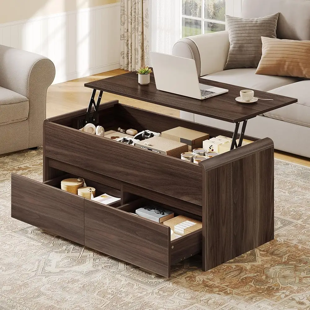 

Coffee Table Lift Top with 2 Drawers, 40 Inch Multi-Function Coffee Table with Hidden Compartment, Curved Profile Design, Con