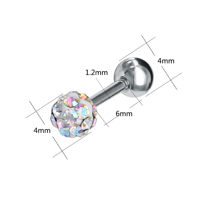 Women stainless steel Ear Studs Punk Crystal ball T-Type Screw Cute Stud Earrings Medical Titanium Steel Ear Piercing Jewelry