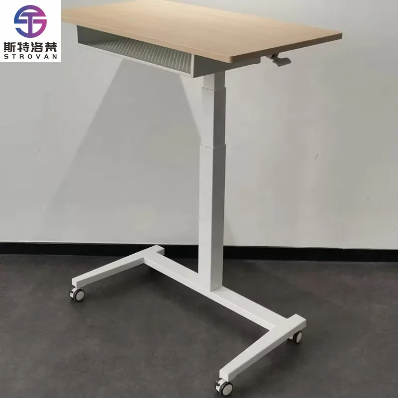 Modern Single-Leg Pneumatic Iron Frame Movable Height Adjustable Office Desk with Drawers Sit-Stand Desk Option