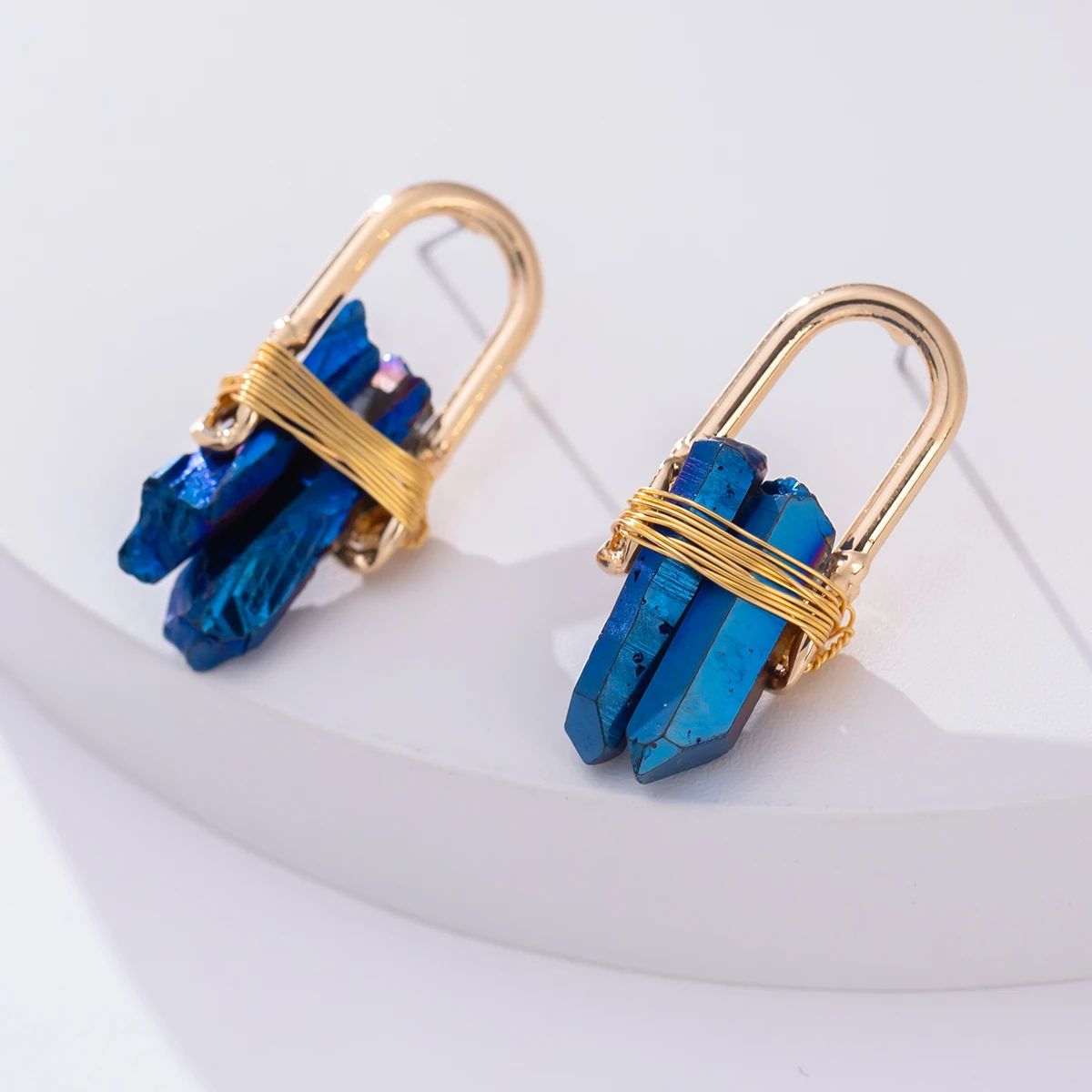 Women Trendy Handmade Copper Wrapped Statement Earrings with Blue Stone New Fashion Natural Quartz Stud Earring