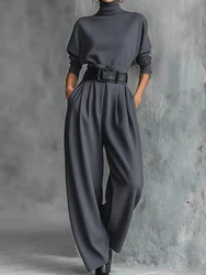 Autumn Winter Pullover Top Two Pieces Sets, Women Casual Turtleneck Fashion Outfit, Holiday Simple Chic Patchwork Ladies Suits