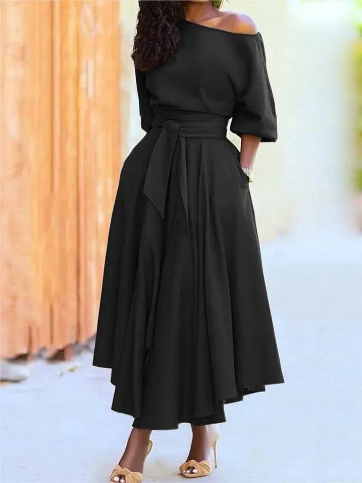 

Women's Summer New Fashionable Slant Shoulder Off Shoulder Collar Strap Waist Collection Temperament Solid Color Dress