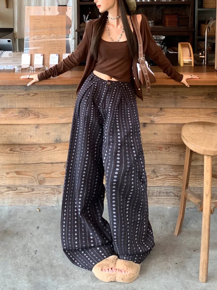 

Повседневные богемные брюки с вышивкой, женские свободные широкие брюки в американском стиле ретро с высокой талией для женщин, модные повседневные брюки 2025 года