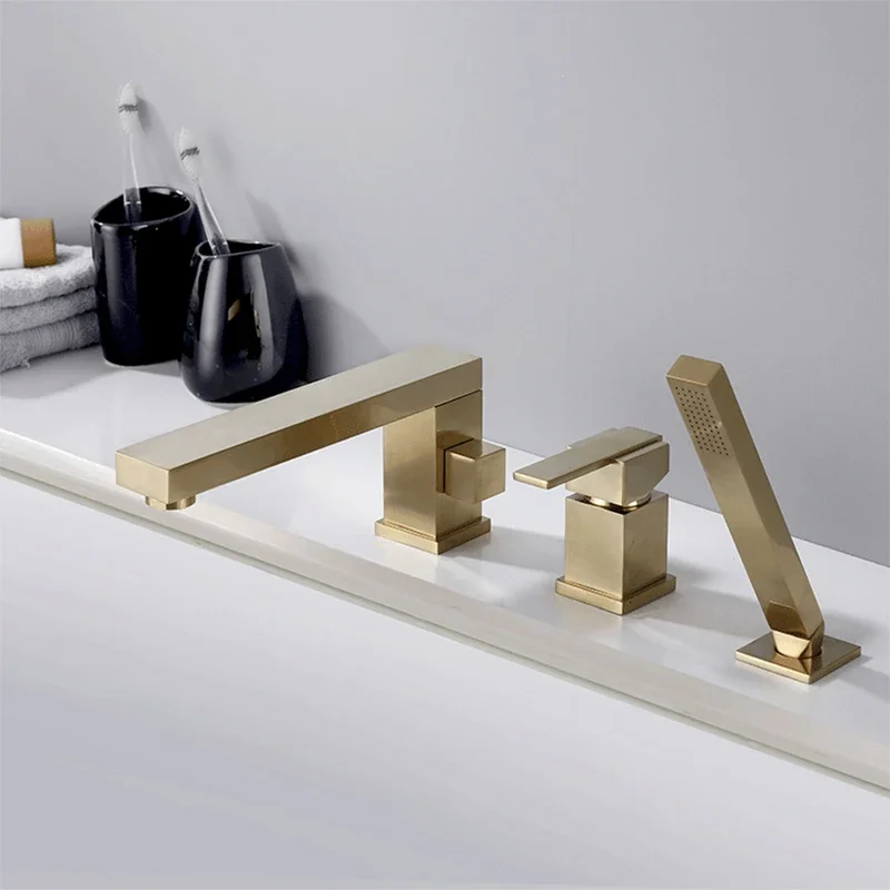 

Bathtub Faucet Brushed Gold Bath and Shower 3 Hole Widespread Basin Mixer With Hand Showe Head Hot And Cold Water Tap