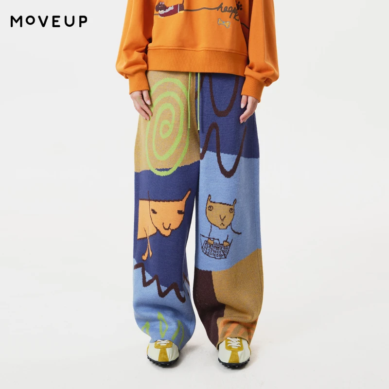 MOVEUP Women's Pants FUN Series Pocket Hand Drawn Illustration Art Knit Casual Trousers 2026 Autumn New Daily Clothing 3ELQ30101