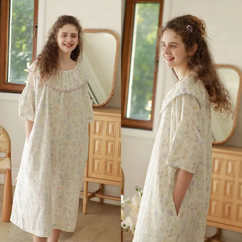 

Women Autumn 100% Cotton Printed Nightdress Sweet Embroidery Ruffled Collar Mid-Calf Nightgowns Three Quarter Sleeves Nightie