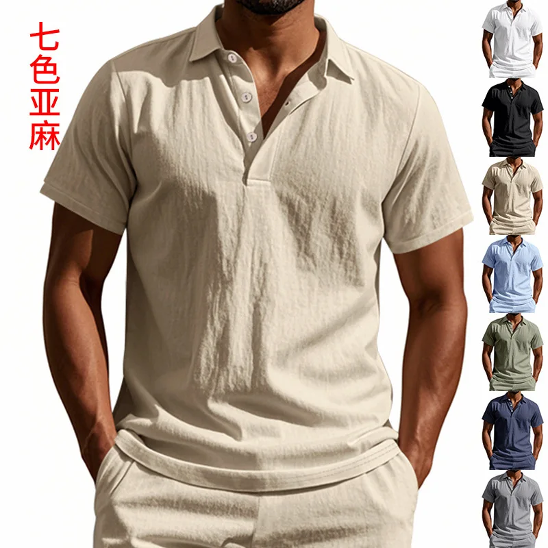 Men's British Style Loose Fit Polo Shirt Summer Simple Casual Trendy Breathable Linen Short Sleeve Lapel Button Polo Shirts Men