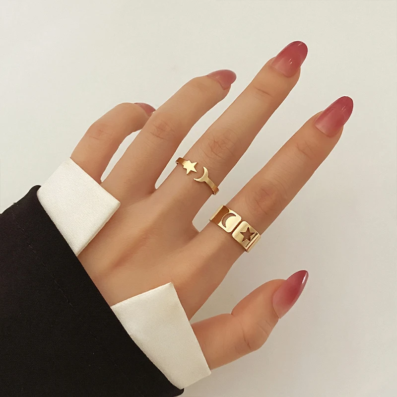 2pcs/Set Fashion Couple Finger Rings for Lover's Punk Opening Moon Star Bow Rings for Women Gold Love Heart Finger Accessories