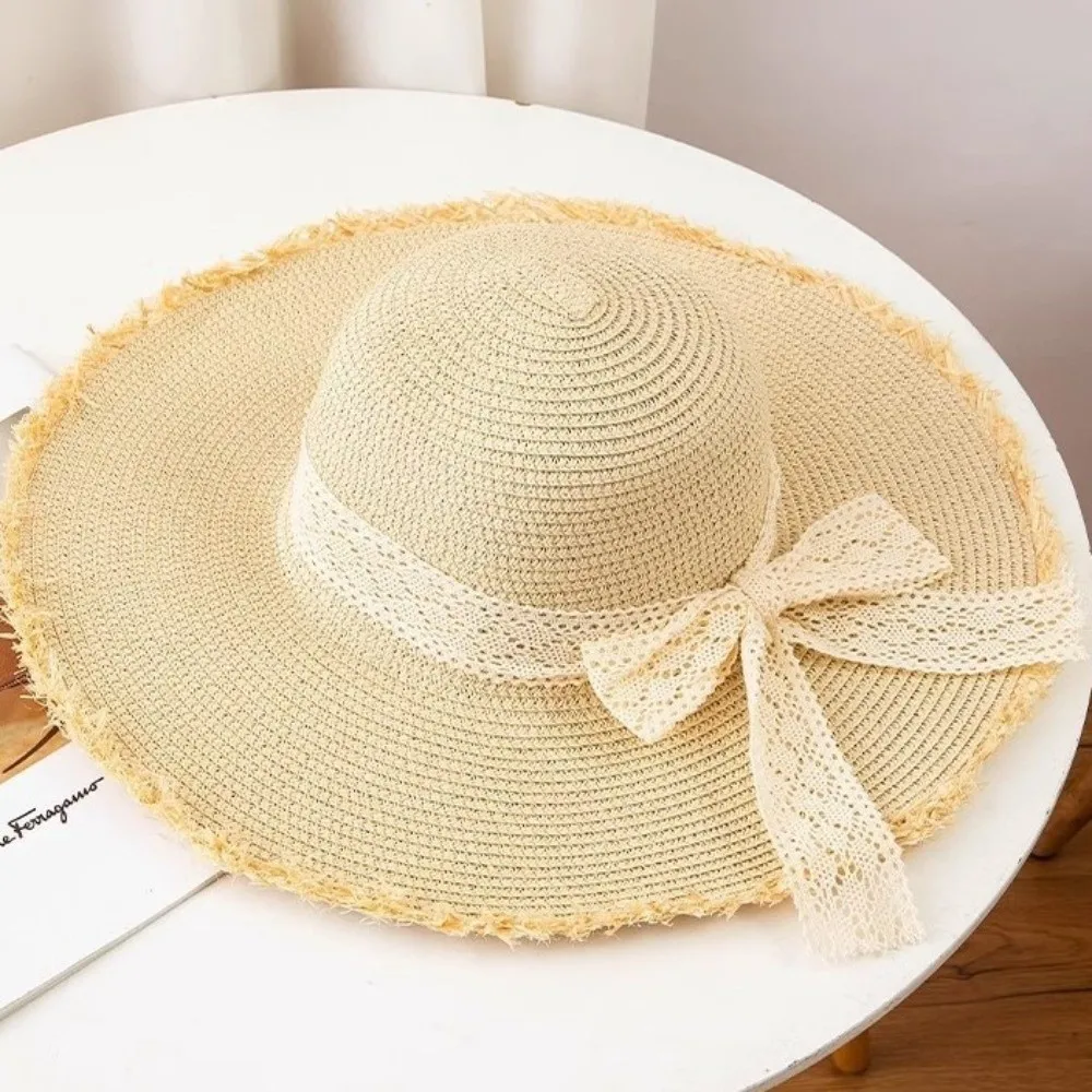 

Gifts Lace Outdoor Sun Hat Bow Stylish Lace Straw Cap Frills Seaside Sun Cap