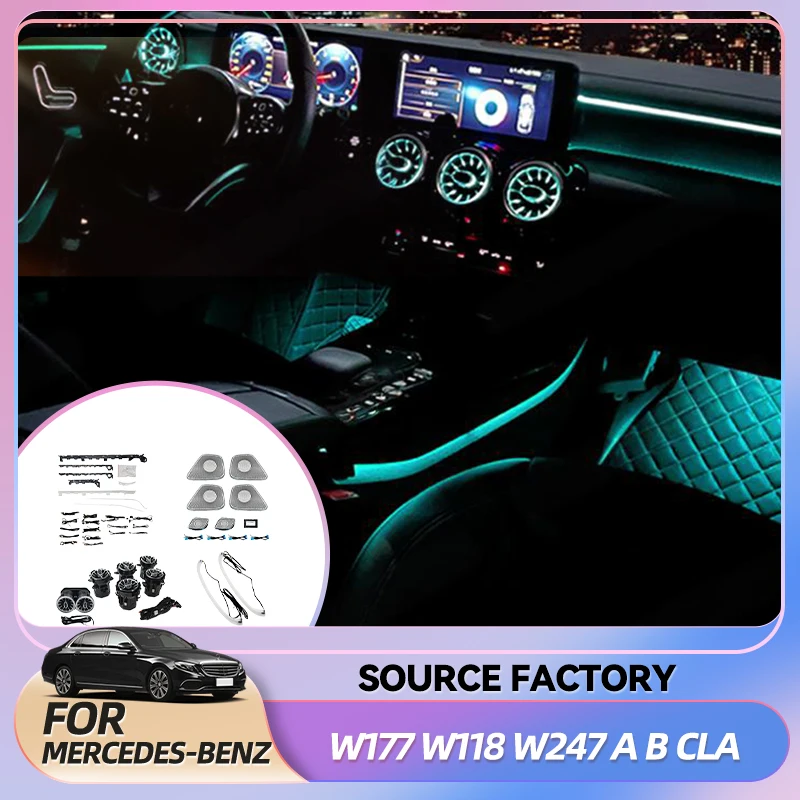 

Внутренние наклейки 64 цвета, окружающее освещение для Mercedes Benz W177 W118 W247 A/B/CLA/GLA/GLB Class RGB, светодиодные вентиляционные отверстия, автомобильное сиденье
