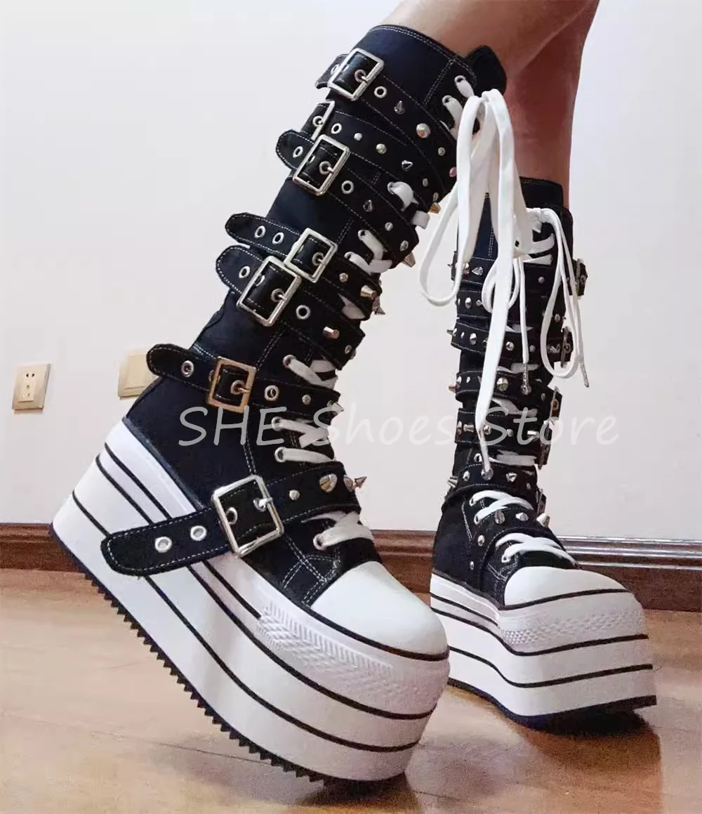 Punk Rivet Belt Buckle Chunky Bottom Knee Hight Boots for Women Y2K Big Head Canvas Lace-Up Long Boots Ladies Party Dress Shoes