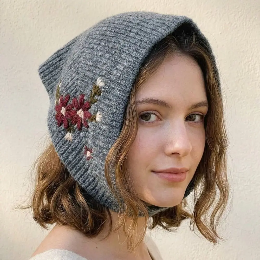 Wool Headscarf Floral Flower Embroidery Knitted Hat Warm Retro Round Top Cap Ear Protectors Beanies Hairband Outdoor