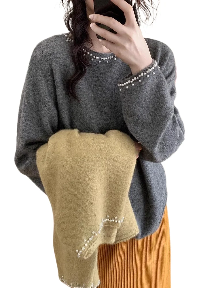 

Французский серый вязаный свитер с бусинами, женский весенне-осенний элегантный базовый свитер с круглым вырезом и длинными рукавами, однотонный свободный пуловер, топ
