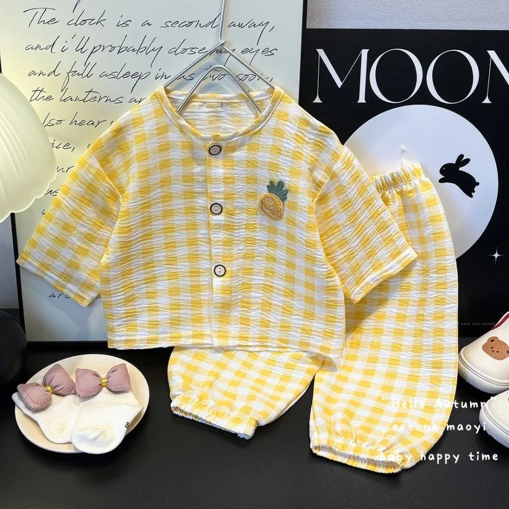 SUMMER Boys and Girls Plaid  Pajamas Sets Kids Comfy Cloud Cotton Home Clothes Sets Spring Autumnn Child Long Sleeve Sleepwears