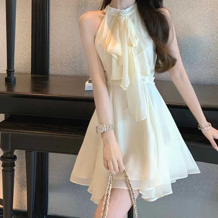 

French Socialite Irregular Waist Cinched Sleeveless Chiffon Dress for Women's Summer 2025 New Sexy Hanging Neck Short Skirt