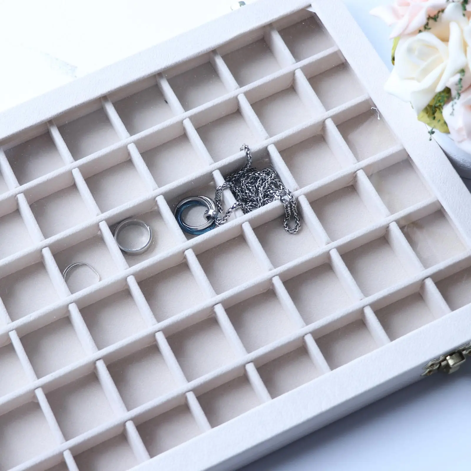 

Velvet Ring Holder Box Jewelry Display Storage Tray with Glass Cover for Vanity Table and Gift Jewelry