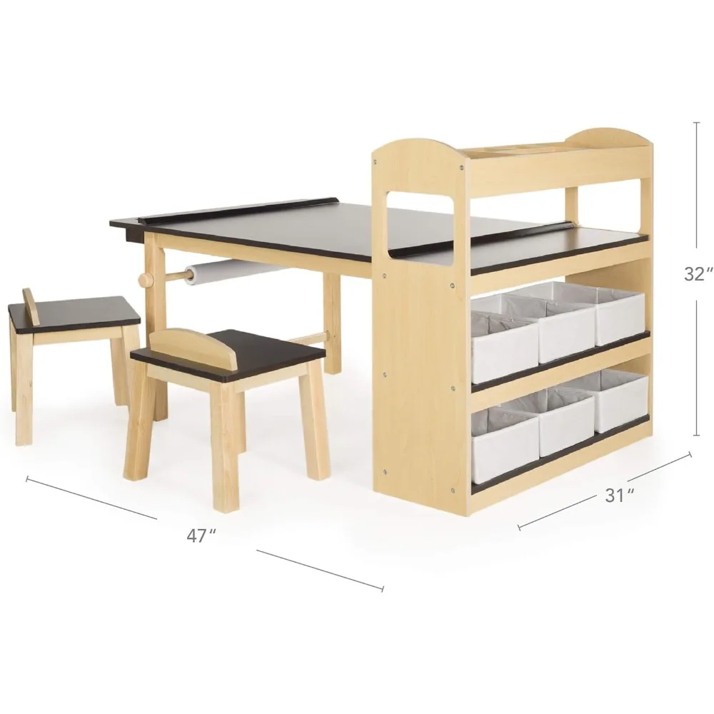 Kids Arts and Crafts Table and Chairs Set with Storage Shelves, Bins, Paper Roll for Drawing | Wooden Art Desk for Kids Playroom