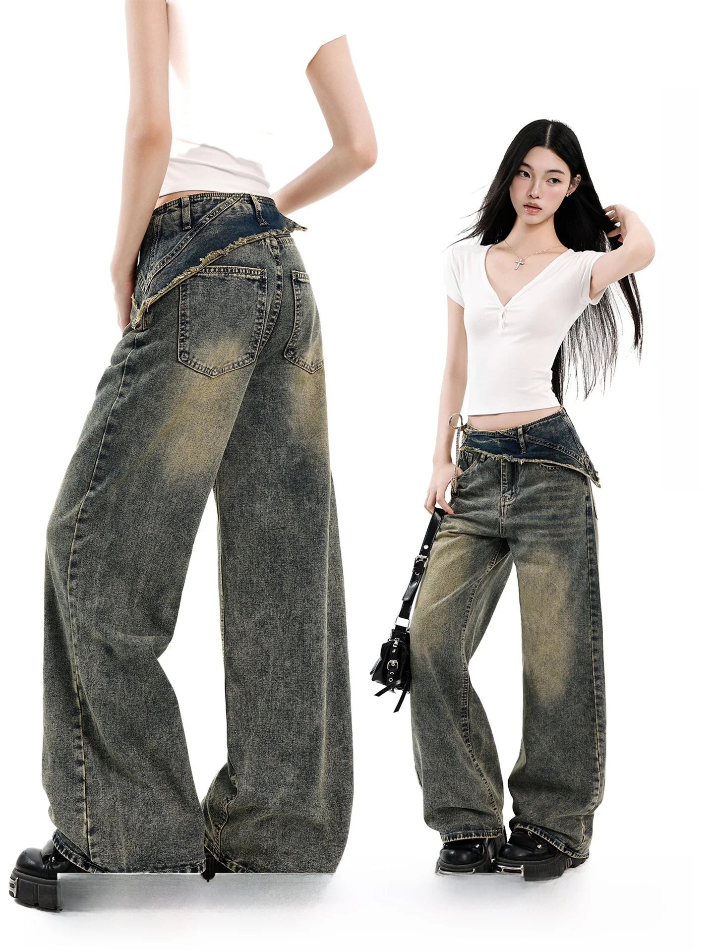 

Uncmhisex American Retro Distressed Wide Leg Jeans Women Summer Spicy Loose Straight Tube Long Pants Natural Waist Zipper