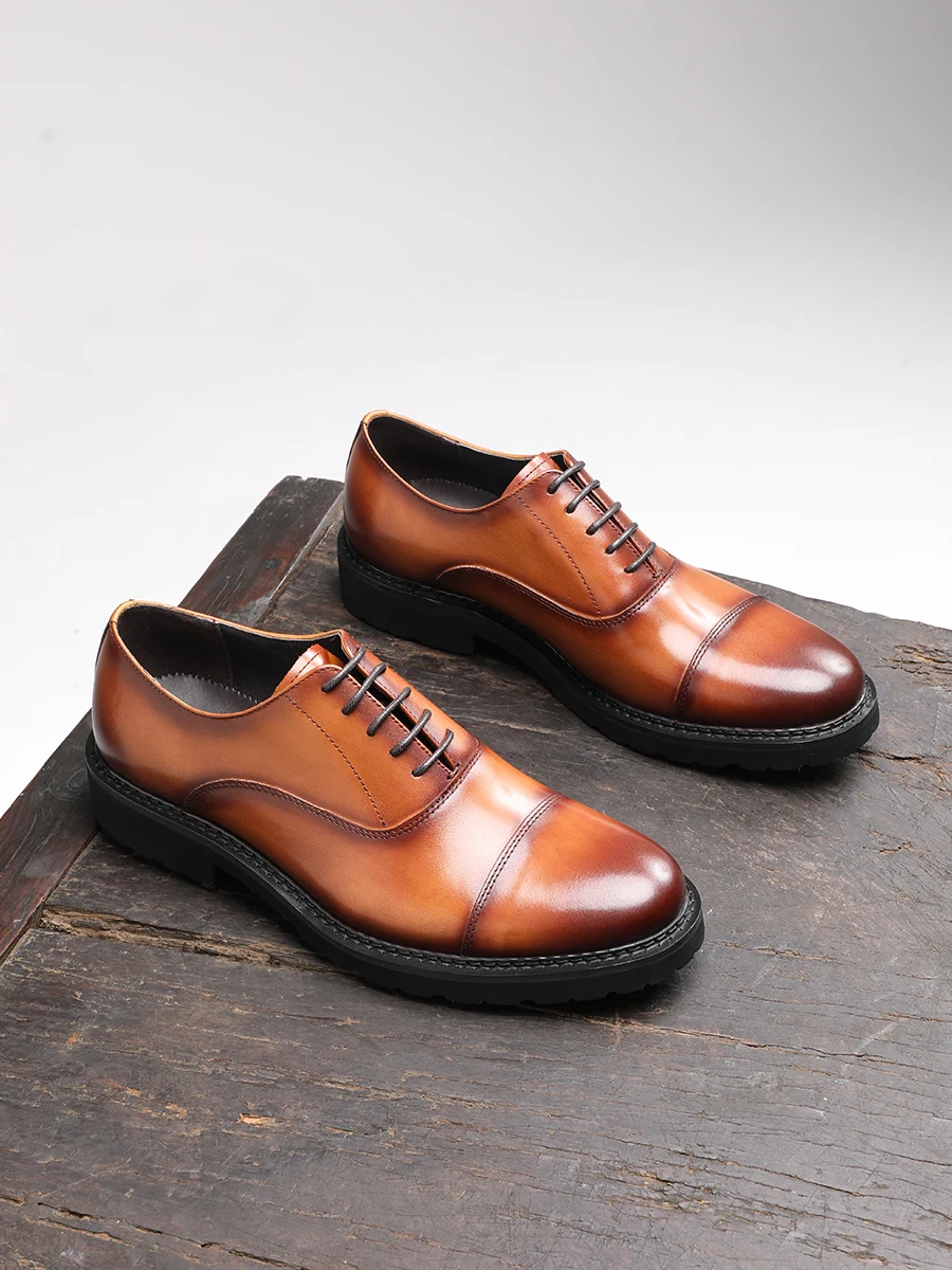 Spring and Autumn New Men's Formal Shoes, Genuine Leather Round Toe British Style Three Joint Oxford Shoes