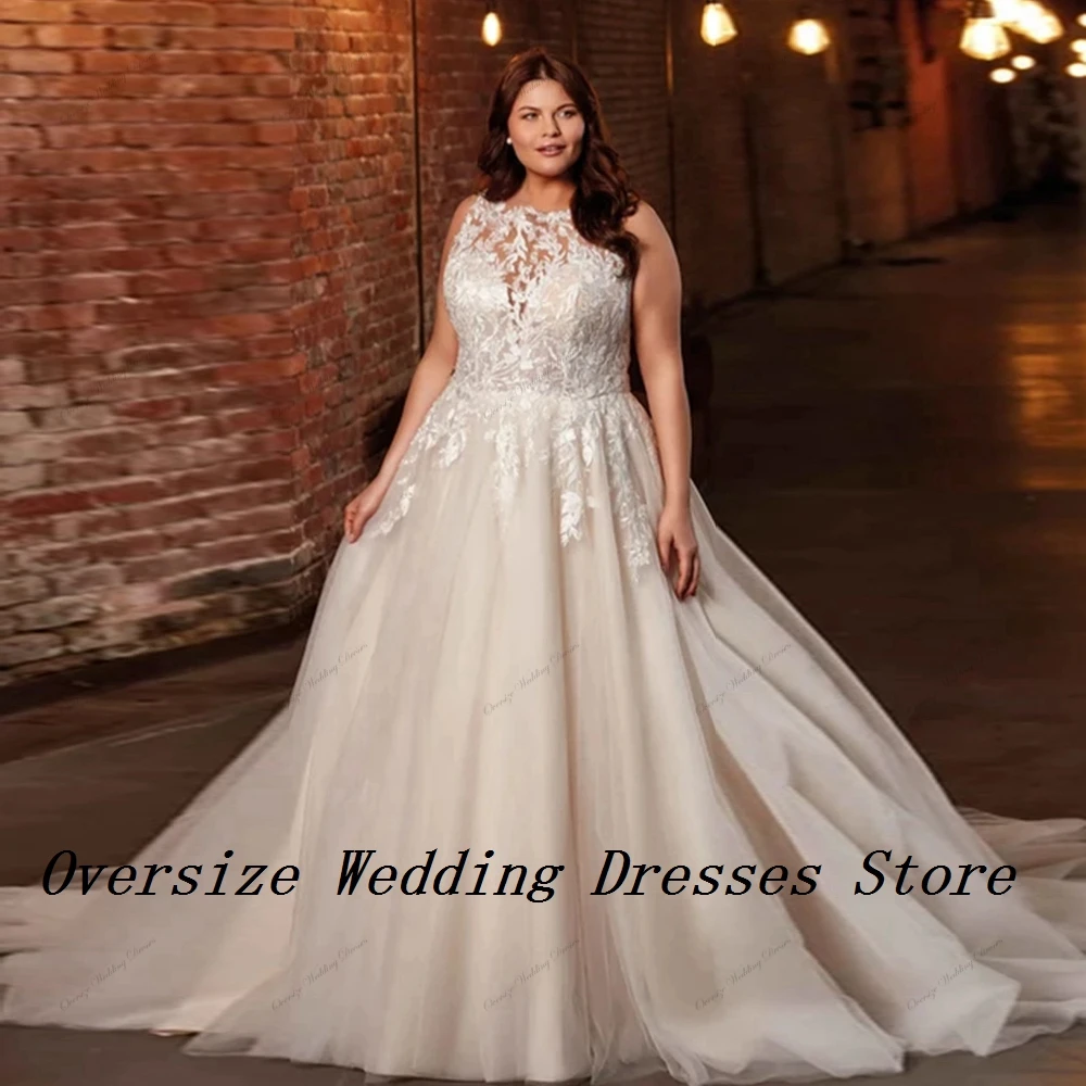 Champagne Scoop Wedding Dresses with Lace Sleeveless Plus Size Bridal Gowns for Women 2024 Summer New Soft Tulle Vestido De Novi