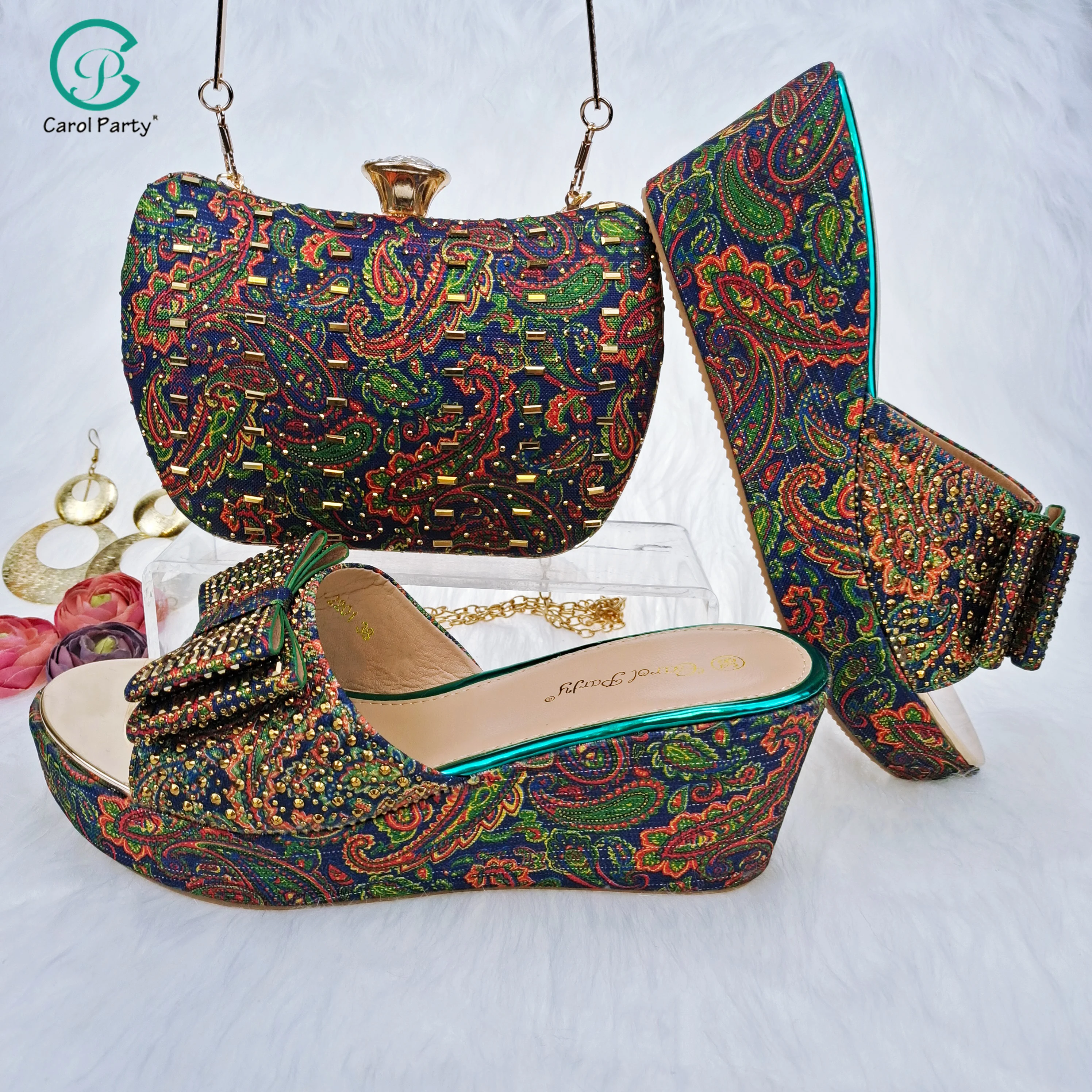 

Italian Design Paisley Pattern Green Color Women's Shoes and Bag Matching Party Fashion and Comfortable Heel Women Shoes