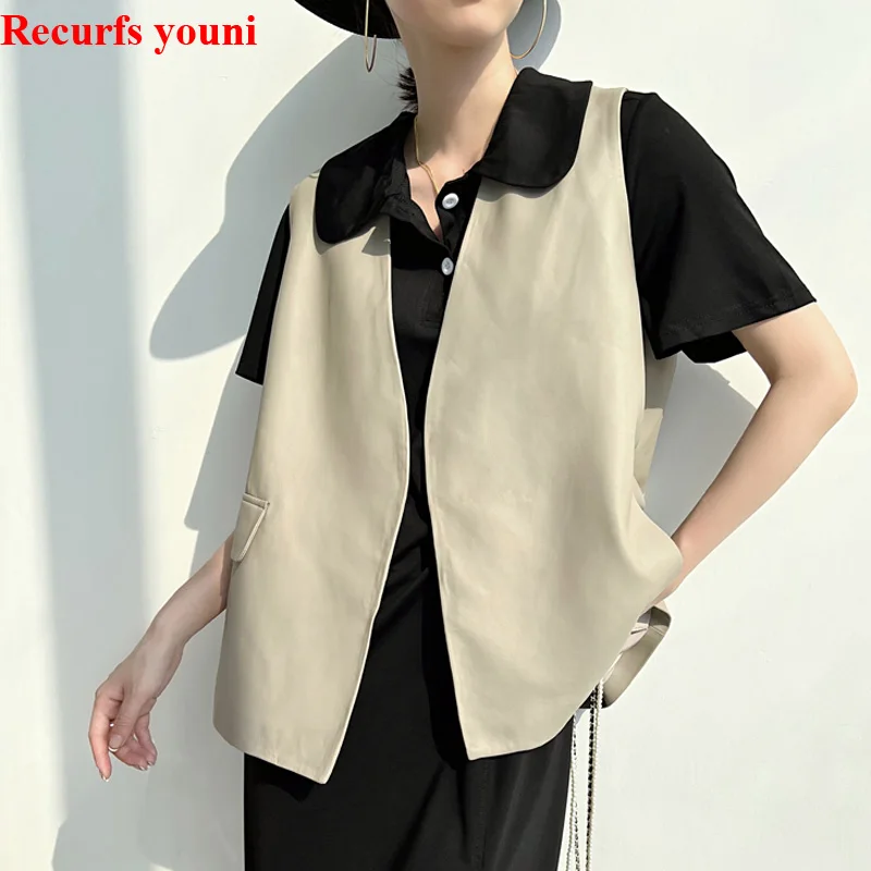 Recommend Women Leather Vest Female Elegant Magnetic Buckle Deep V-neck White Off Coletes Mujer Slit Loose Waistcoat Streetwear