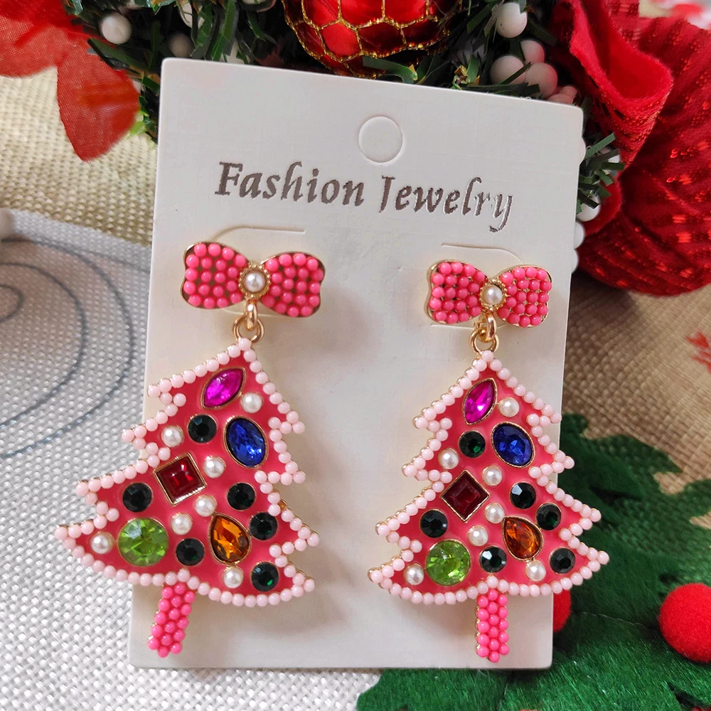 Best Lady Trendy Bowknot Inlaid Gems Christmas Tree Drop Earrings for Woman Girls Celebrate Christmas Jewelry Gift