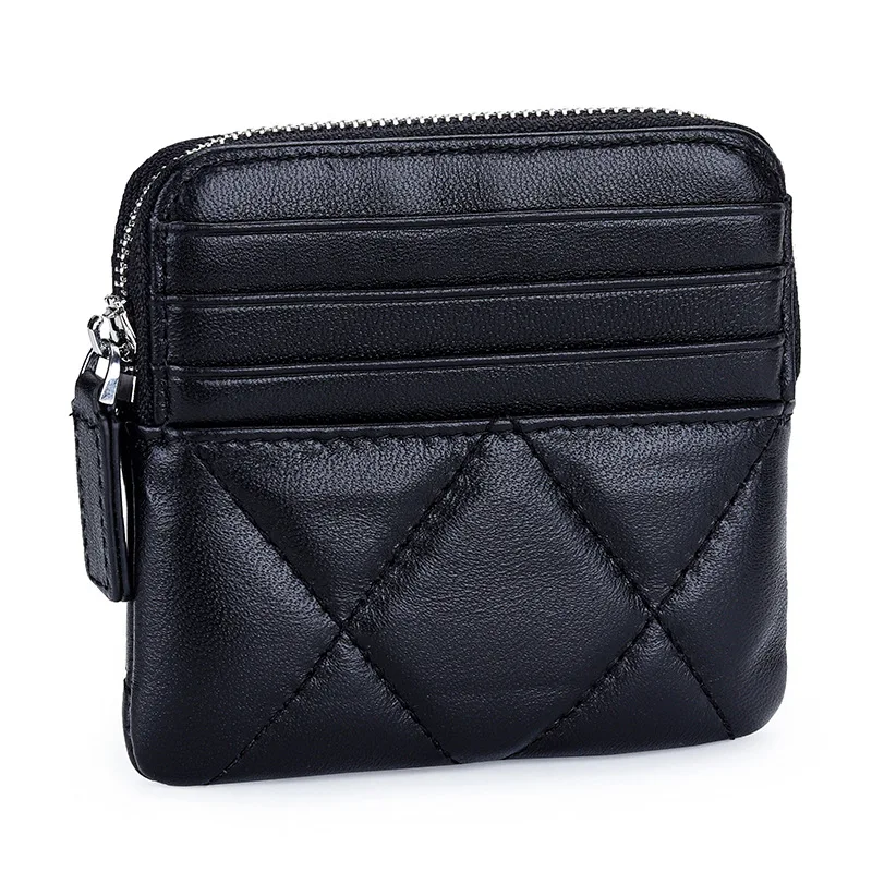 

Woman Coin Purse Zipper Wallet Grid Pattern Genuine Leather Card Bag Women Square Pouch Quilted Argyle Functional Toast Wallet