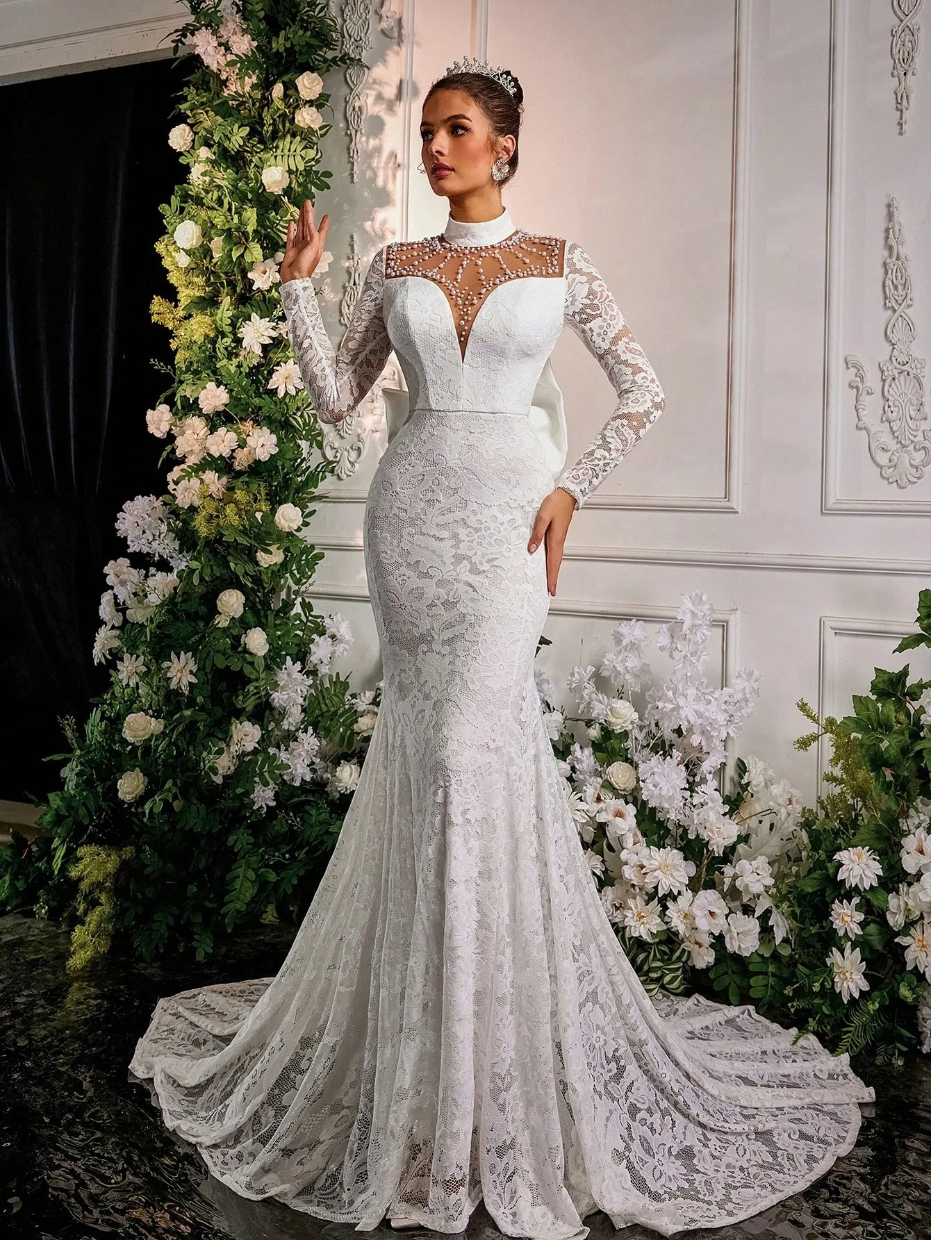 Elegant Wedding Dresses High Neck Pearls Mermaid Bridal Gowns Lace Princess Long Sleeves Customized Vestidos De Novia