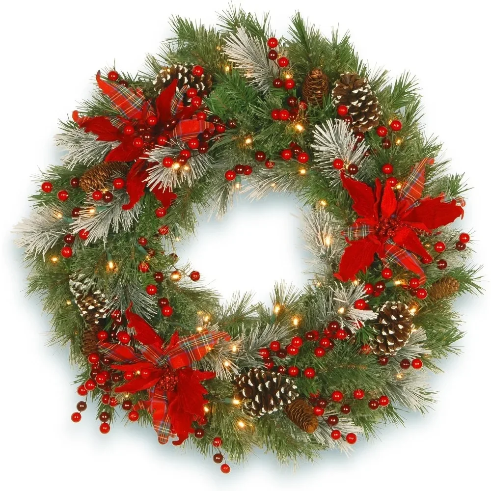 

Pre-Lit Green Artificial Christmas Wreath with Tartan Plaid and White Lights - Decorated with Frosted Branches