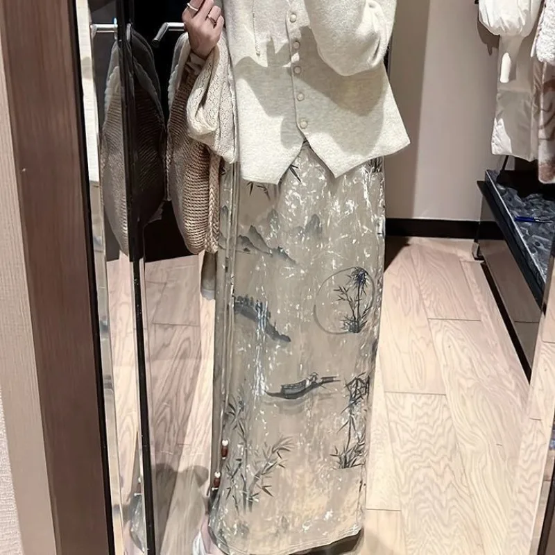 New Chinese Style Bamboo Temperament Printed Apricot Velvet New Winter Hip-hugging Skirt