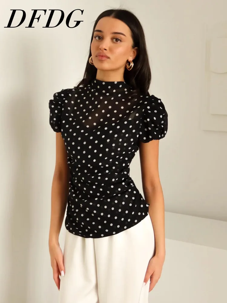 DFDG Femme Printemps-Été 2026 Blouse à pois Col montant Tissu transparent Manches bouffantes Taille froncée Coupe ajustée Élégante pour Soirée et Tenue Décontractée