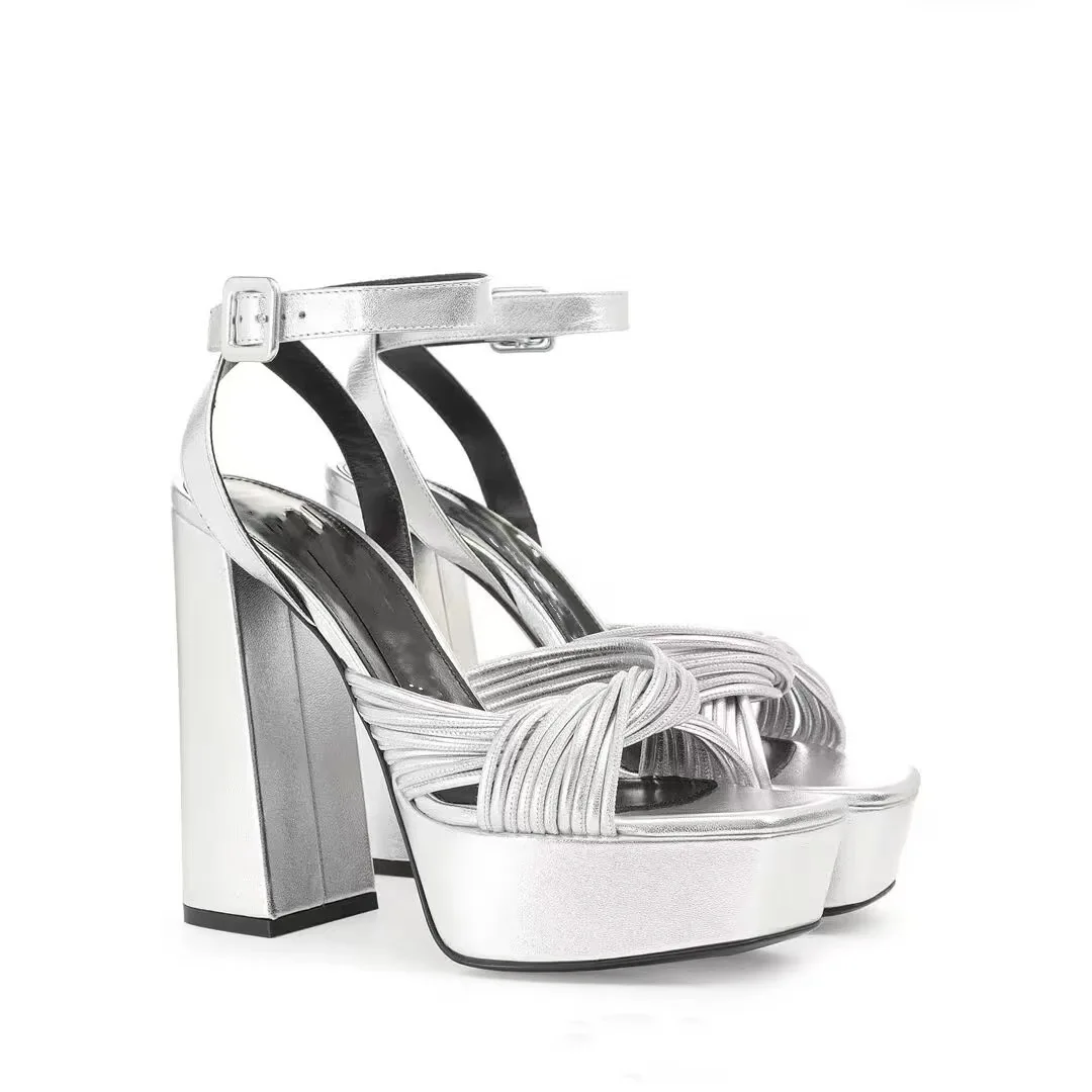 

Silver Thick Block High Heel Sandals Buckle Platform Open Toe Chaussure Femme Large Size Party Sexy Women Shoes Sandalias Mujer