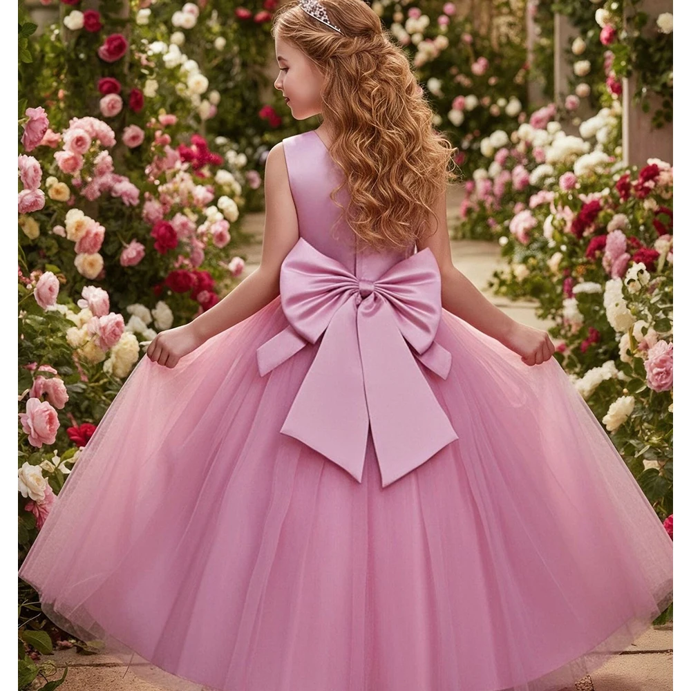 

Big Bowknot Elegant Prom Dress Gown Piano Perform Girl Princess Dress Tulle Wedding Flower Girl Bridesmaid Costume Party Dresses