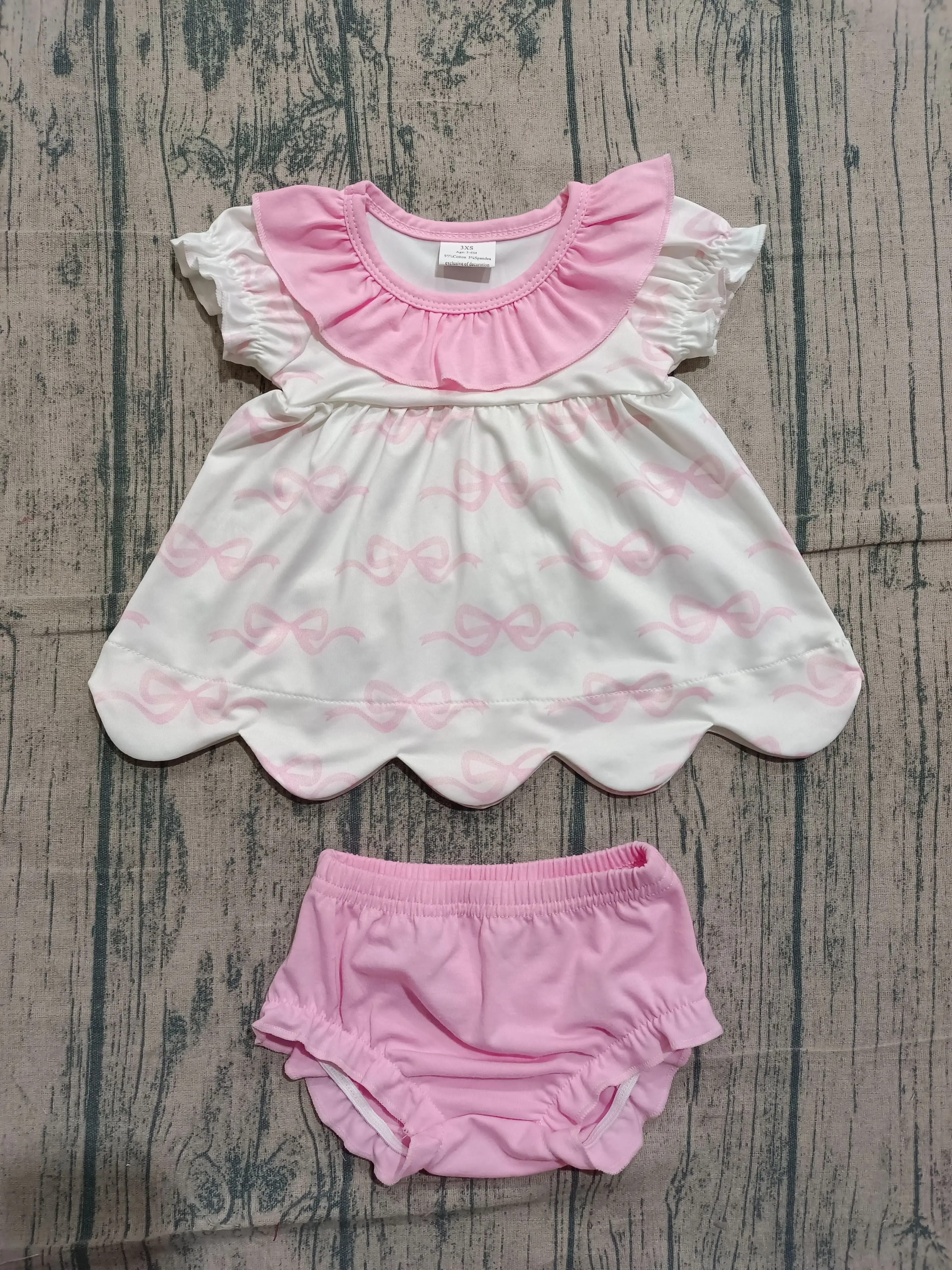 Wholesale Infant Baby Girl Bows Outfit Toddler Kids Short Sleeves Scalloped Tunic Set Bummie Shorts Children Summer Clothing