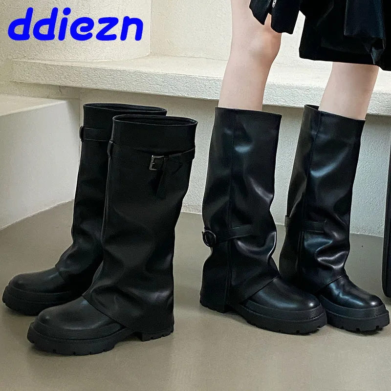 

Western Women Knee High Boots Slip On Shoes Black Footwear Fashion Round Toe Ladies Long Booties Female 4.5cm Heels Shoes