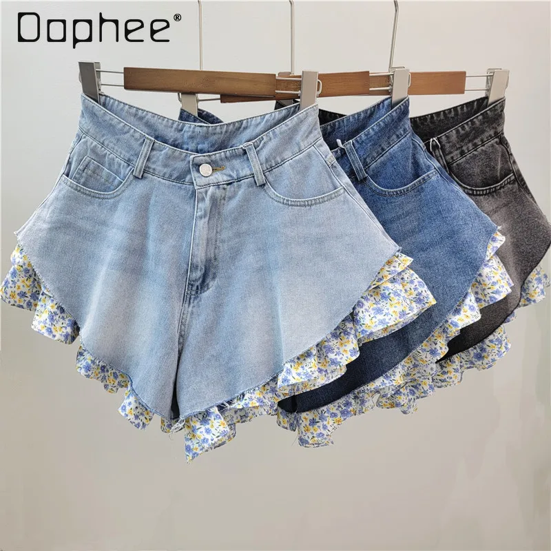

2026 Spring Summer New Personalized Sweet Spicy Girl Splicing Floral Hem Washed Whitened Diagonal Wide-leg Denim Shorts Women