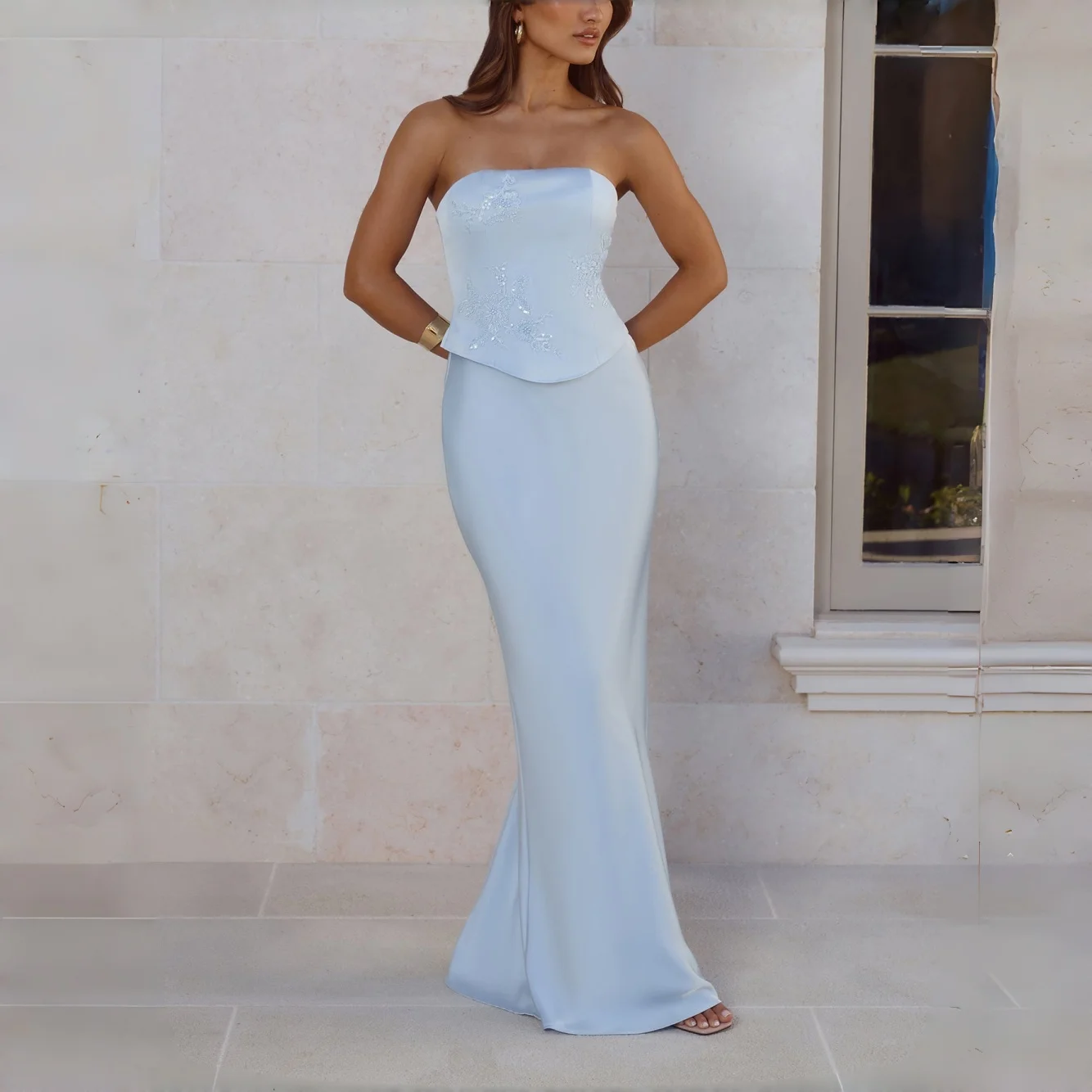 Light Blue Strapless Fishtail Maxi Dress with Lace Applique Corset and Back Hem Slit Cocktail Bridesmaid Wedding Guest Gown