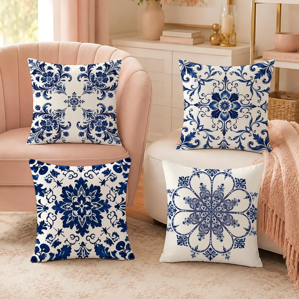 Ethnic Blue Floral Mediterranean Cushion Cover Custom Plush Pillow Cover Soft Cloud Comfort for Sofa Bed Couch