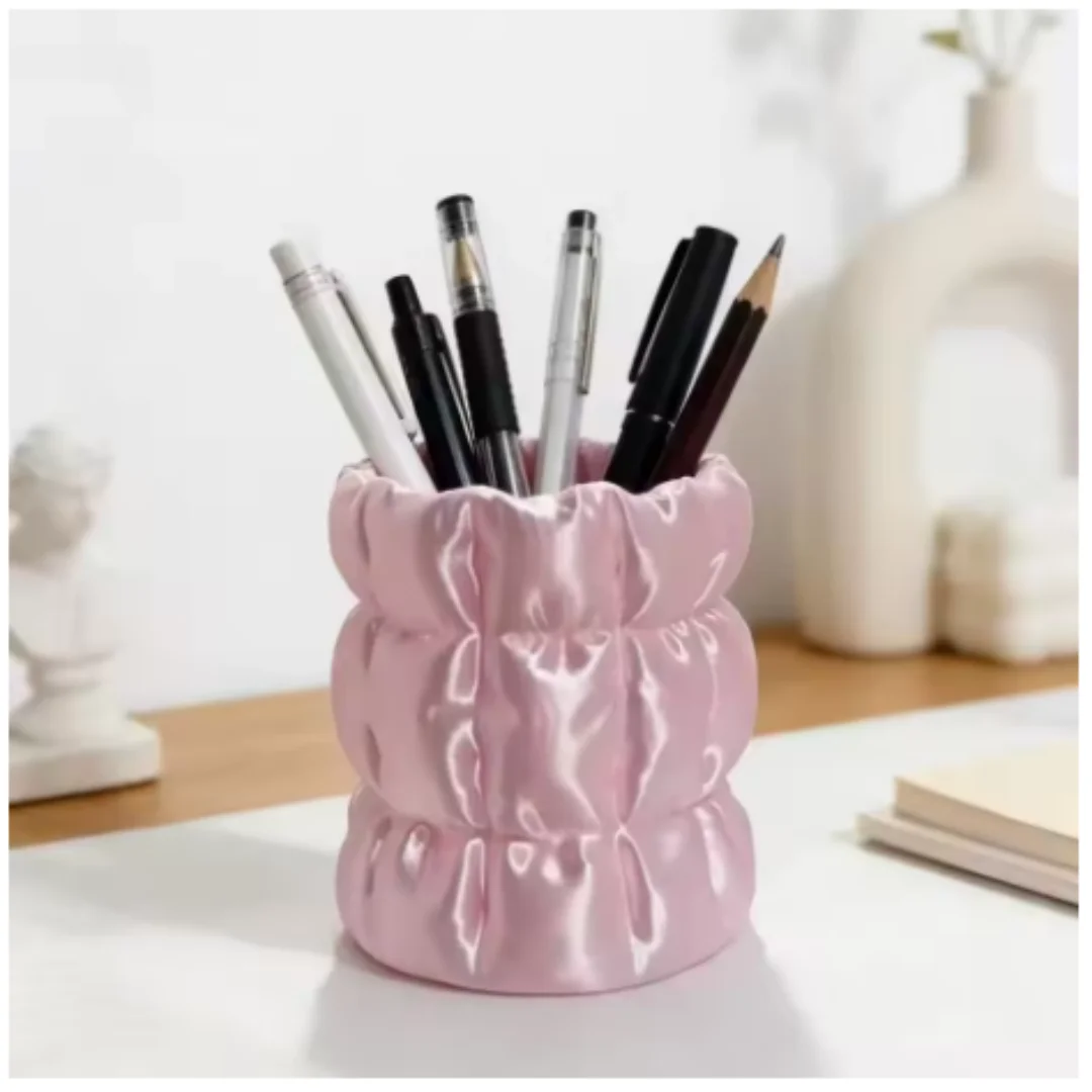 Cloud Ruched Satin Makeup Brush Holder, Multi-use Cosmetic Pen Bucket, Luxury Vanity Desk Decor Storage for Women Girls