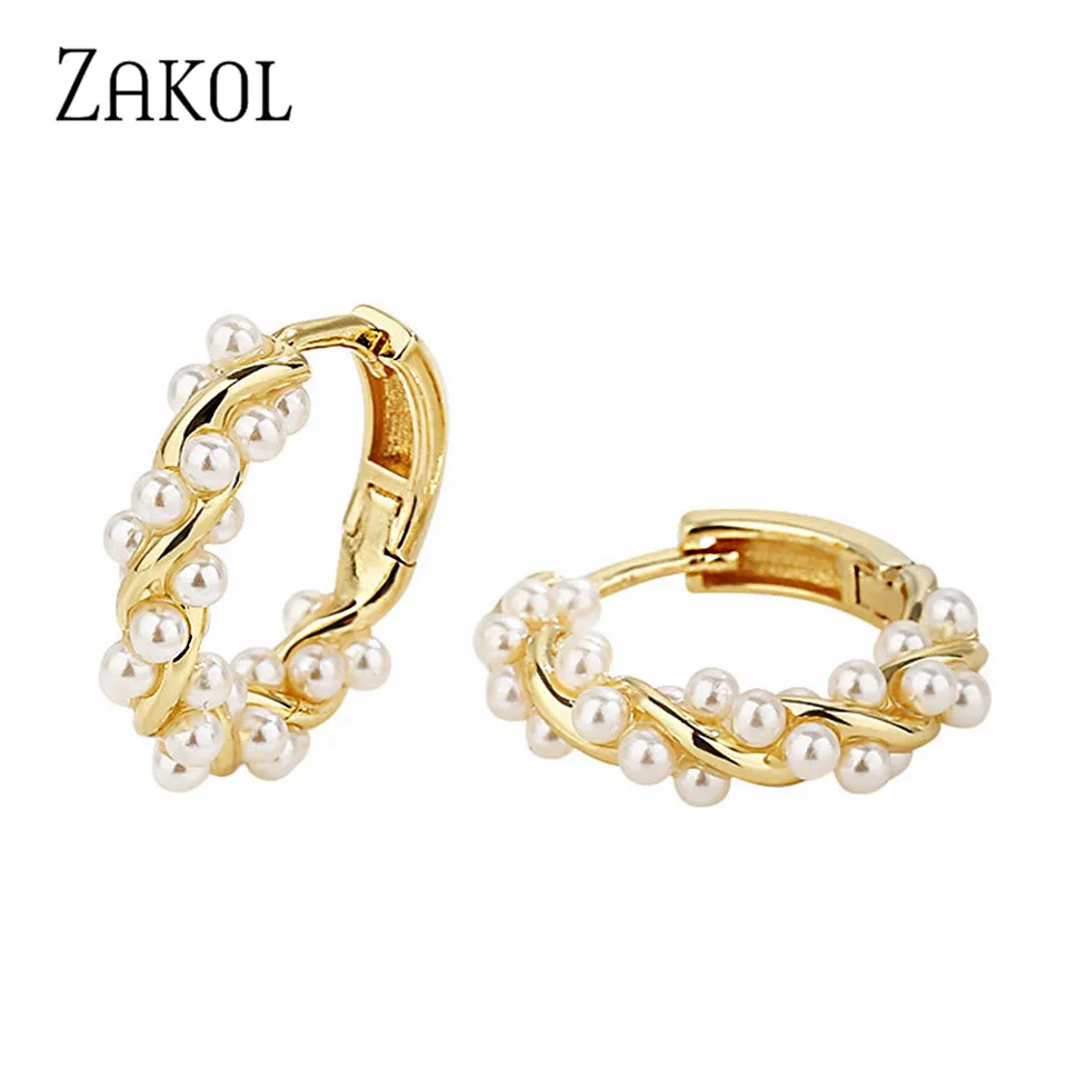 ZAKOL Stylish Imitation Pearl Circel Earring Small Gold Color Hoop Earrings For Women French Elegant Jewelry Chirsmas Gift