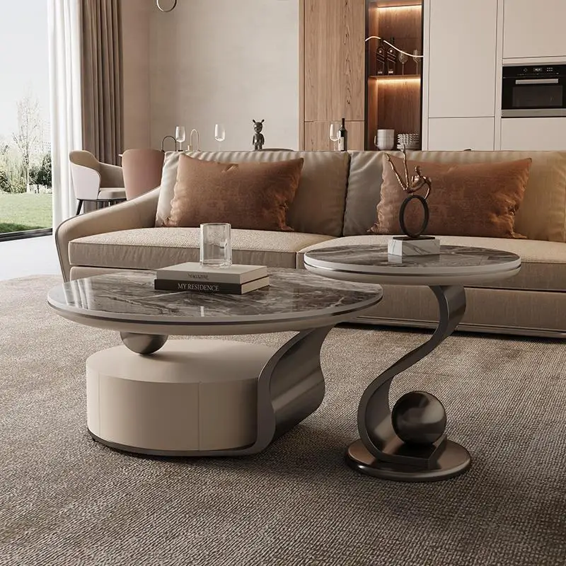 طقم طاولة قهوة حجرية فاخرة على الطراز الإيطالي بتصميم دائري بسيط لغرف المعيشة الصغيرة والشقق