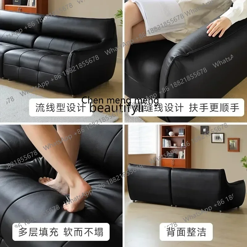 z183 Leather art sofa black ecological leather living room retro style three-person high backrest straight row sofa  HYH