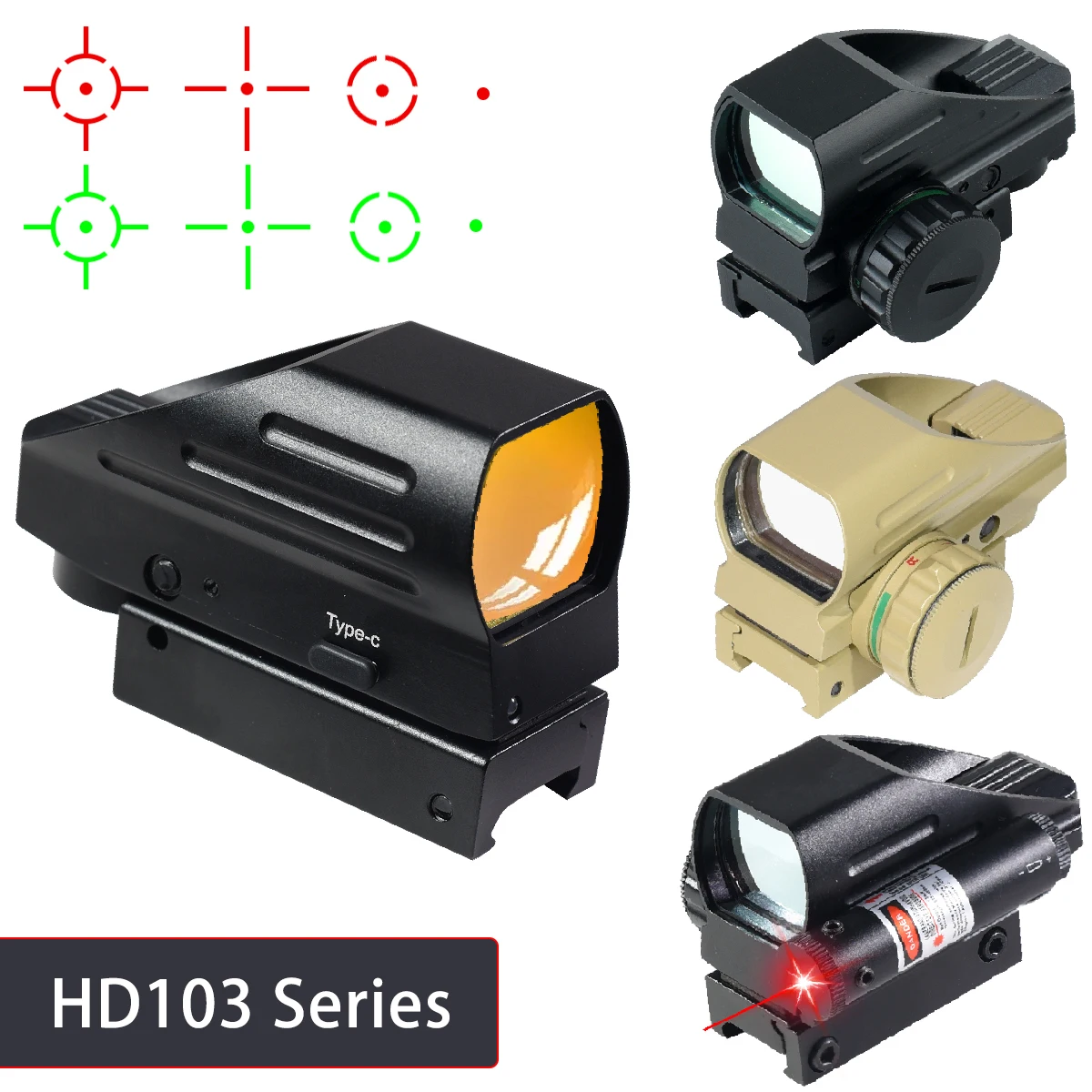 Tactical HD103 Series Sight with Laser Red Green Dot Scope Holographic Projected Dot Collimator Reflex Hunting Riflescope