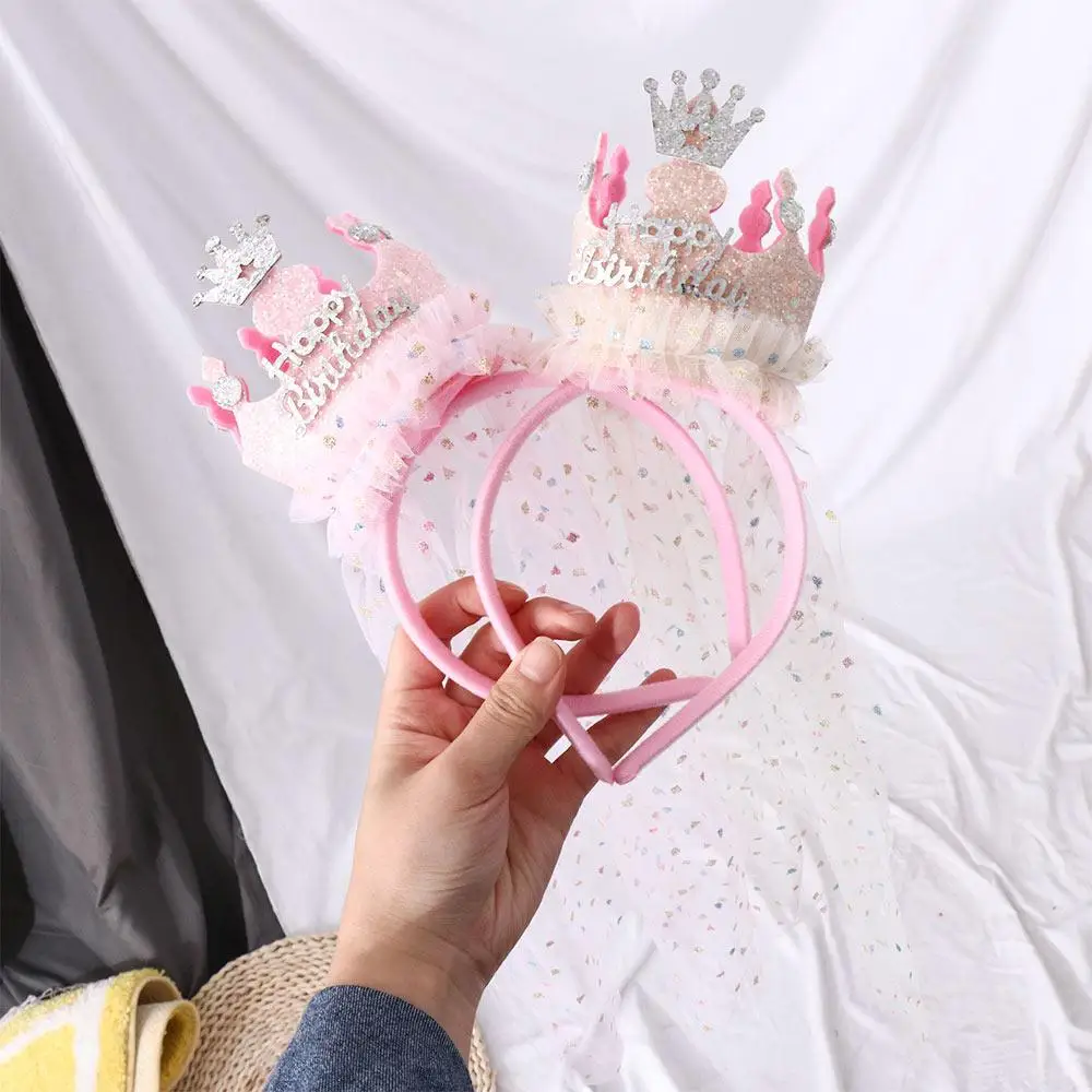 Cute Cone Crown Gauze Headband Girls Princess Birthday Party Headwear Sequin Happy Birthday Hair Hoop Baby Gift Hair Accessories